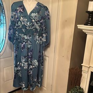 Blue and White Wrap Sundress with Tie Front and Bishop Sleeves